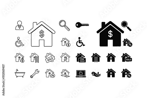 Collection of icons representing various home and property-related services and amenities