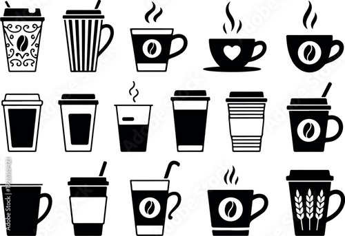 Clean Black And White Coffee Mug Outline Collection With Cafe Beverage And Barista Drink Symbols