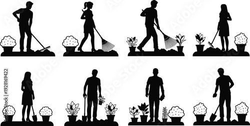Gardening People Silhouettes Set with Men and Women Raking, Planting and Digging, Black Vector Illustration of Garden Care, Landscaping and Outdoor Yard Work