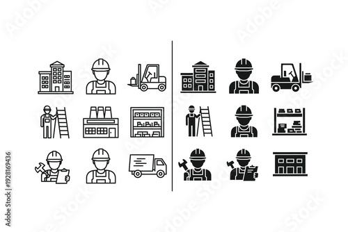 Diverse icons representing various construction and industrial professions and equipment