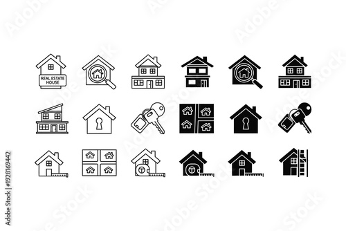Collection of diverse icons representing various residential property concepts and actions