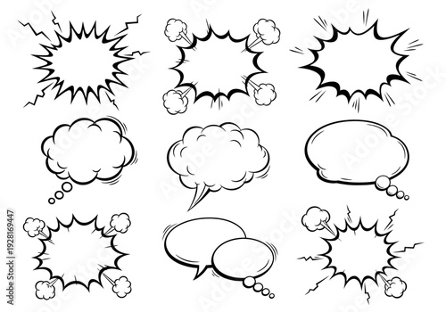 Dynamic Black and White Comic-Style Speech Bubbles, Thought Clouds, and Explosive Burst Graphic Elements for Communication and Expression