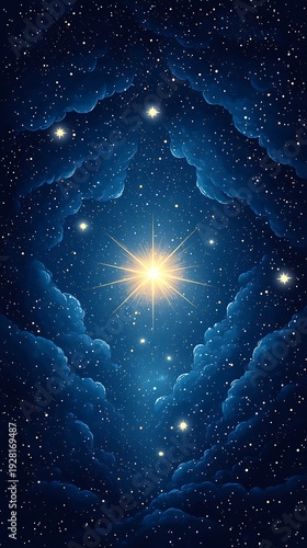 Wallpaper Mural Vertical view of a deep blue starry night sky framed by dark clouds with a brilliant central star Torontodigital.ca