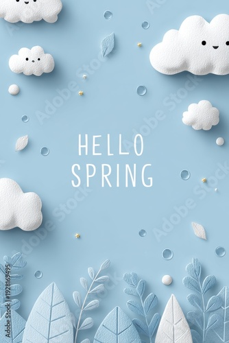 Wallpaper Mural A vibrant and cheerful hello spring scene with a blue background, featuring fluffy white clouds, lush green leaves, and sparkling water droplets, creating a tranquil atmosphere. Torontodigital.ca