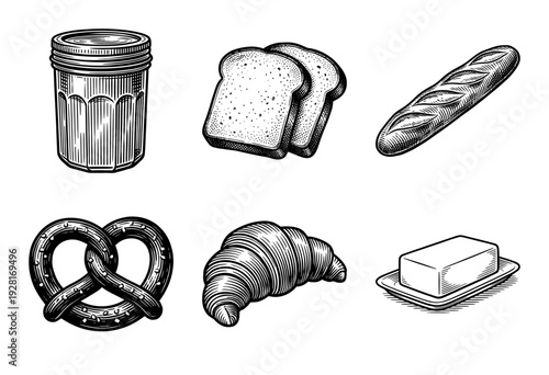 Vintage woodcut style bakery and breakfast collection featuring a mason jar, sliced bread, baguette, pretzel, croissant, and butter on a dish.