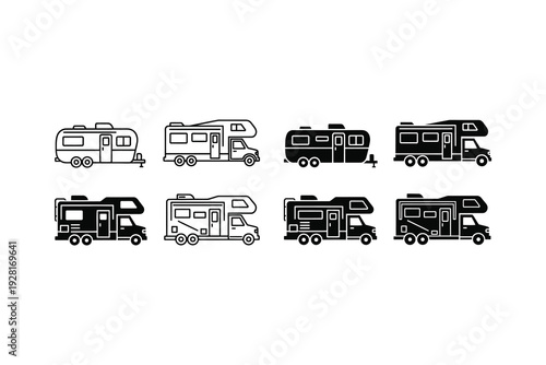 Variety of stylized recreational vehicles and camper trailers in black and white