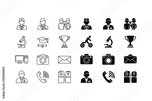 Collection of diverse icons representing various professions and communication tools