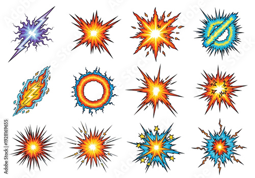 Dynamic comic-style graphic effects featuring diverse explosions, lightning, and energy bursts for impactful visual content creation