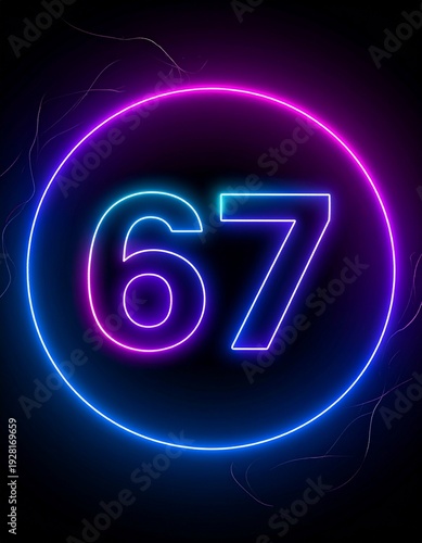 Number 67 with neon outline. Glowing number on dark background