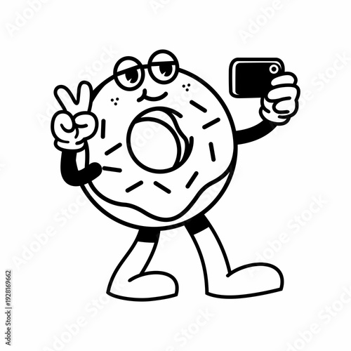 cartoon donut taking selfie with peace sign