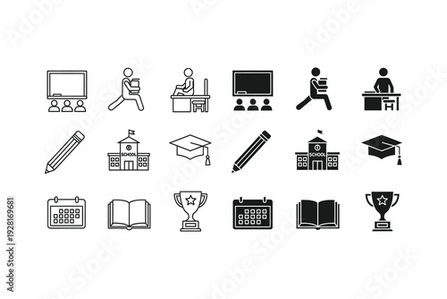 Collection of icons representing various educational and academic activities and achievements