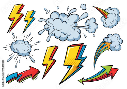 Dynamic comic book graphic effects vector set featuring lightning bolts, speed arrows, and explosion smoke clouds for energetic design projects.