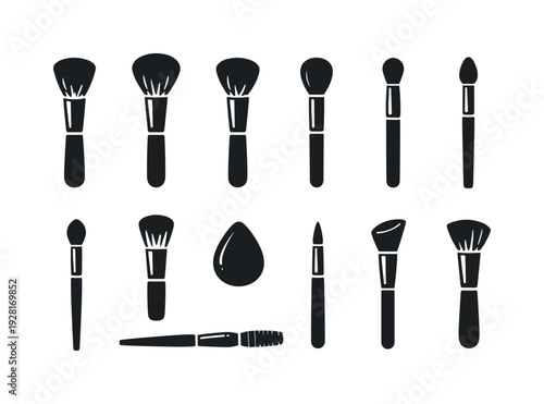 Solid vector icons of beauty application: foundation brush, powder brush, blush brush, eyeshadow brush, blending brush, stippling