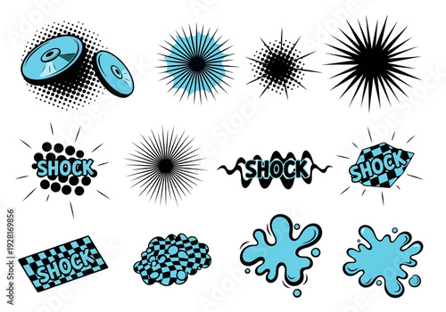 Dynamic comic book style vector graphic effects set with shock speech bubbles, starbursts, water splashes, and halftone pattern discs.