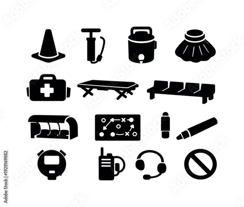 Solid vector icons of team sideline equipment: training cone, ball pump, water cooler, ice pack, medical bag, stretcher, bench,