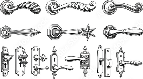 Collection of vintage ornate door handles and knobs isolated on white background detailed engraved hardware vector illustration set