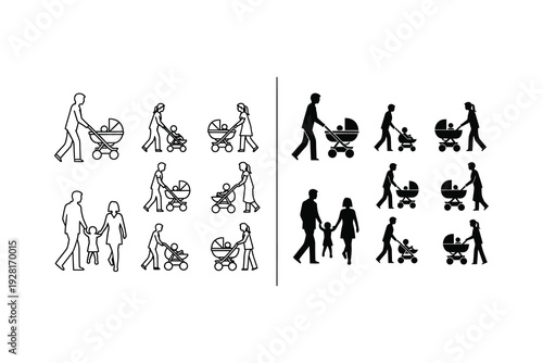 Illustrations of diverse family activities with strollers and children