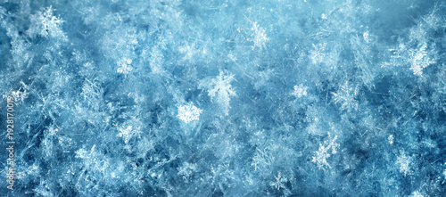 Macro photography of delicate ice and hoarfrost crystals forming natural snowflake patterns on a deep blue winter background, ideal for seasonal, cold, and abstract concepts.