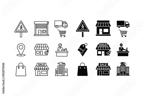Collection of icons representing various shopping and retail-related activities