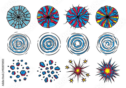 Vibrant hand-drawn graphic effects set featuring shattering, swirling, and explosive elements for diverse conceptual design projects.