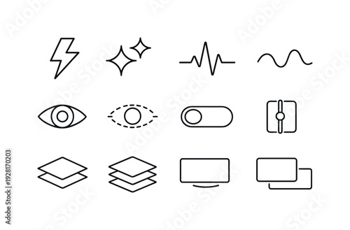 Line style of fleeting interface vector icons: flash, spark, pulse, wave; appear, disappear, toggle, switch; layer, stack, float,