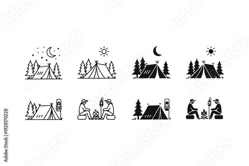 Various camping scenes under different celestial conditions and activities around tents