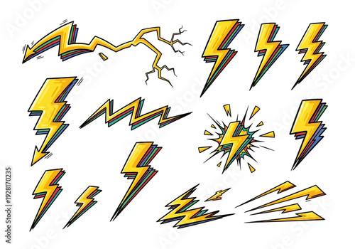 Dynamic Hand-Drawn Lightning Bolt Graphic Elements Set for Energy and Power Concepts, Vivid Electric Flash Illustrations Collection