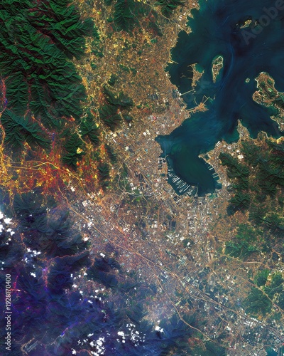 Aerial view of a coastal city at night, with illuminated urban sprawl, mountains, water, and varying light sources