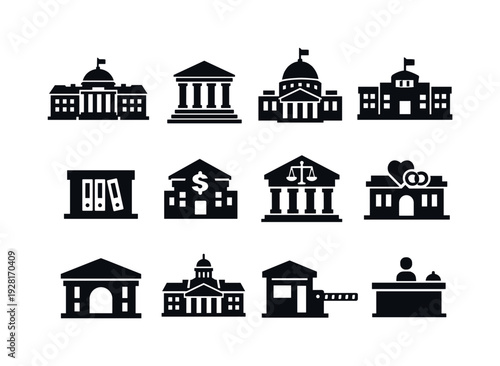 Government Building Icons. Solid vector icons of government building: presidential palace, courthouse steps, legislative hall,