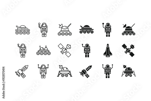 Vintage icons of robots and space exploration equipment in black and white style