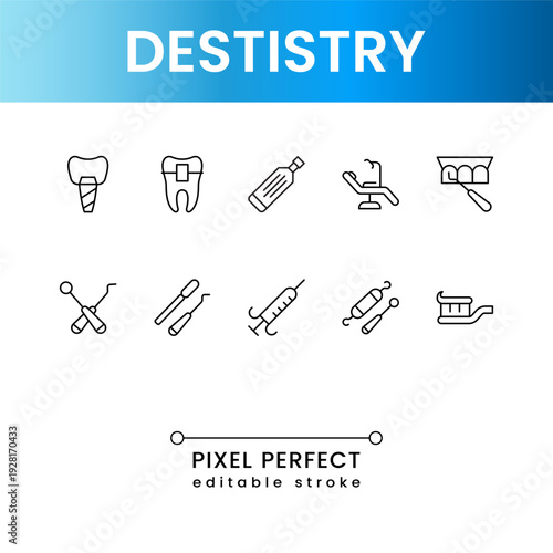 Modern dental icon set vector collection with tooth care, orthodontic and clinic symbols flat design for healthcare and medical use