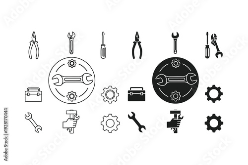 Collection of various tools and mechanical icons in a monochromatic design style