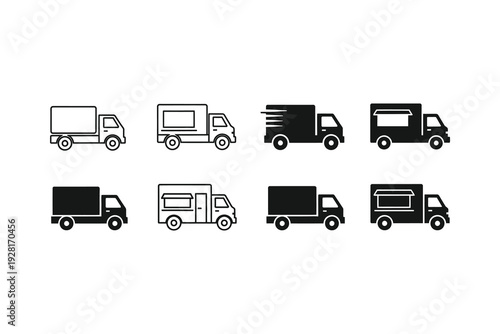 Set of eight stylized delivery trucks with different cargo types illustrated.