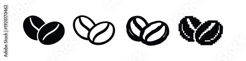 Coffee Beans Icon Set in Various Styles Including Silhouette, Outline, and Pixel Art