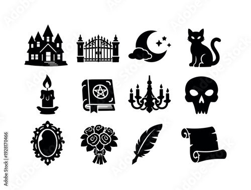 Solid vector icons of gothic romanticism: haunted mansion, wrought iron gate, moonlight, black cat, candle flame, book of spells,