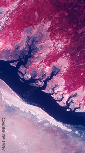 Aerial view of a dark river with branch-like tributaries, surrounded by vibrant pink and white terrain