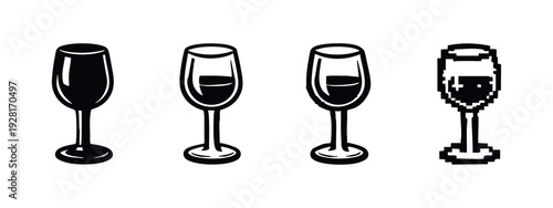 Set of Wine Glass and Champagne Flute Icons in Solid, Outlined, Shaded, and Pixelated Formats