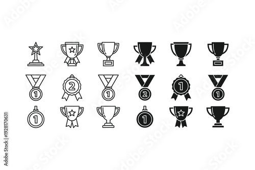 Collection of various icons representing trophies, medals, and awards in black and white