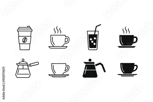 Black and white icons depicting various coffee preparation methods and styles