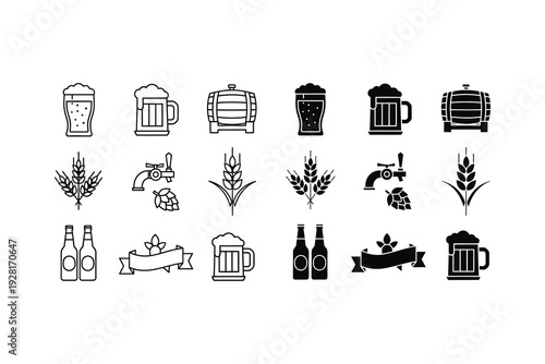 Collection of icons representing beer brewing and related elements