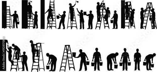 House painters and maintenance workers silhouette collection using ladders, paint rollers, and buckets isolated on white background for renovation and decorating concepts