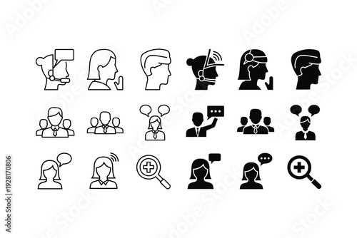 Collection of icons depicting various communication and interaction scenarios