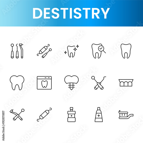 Modern dental icon set vector collection with tooth care, orthodontic and clinic symbols flat design for healthcare and medical use