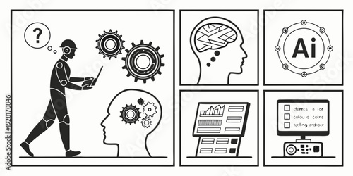 Man walking towards a computer with gears and brain icons representing ai technology. Vector