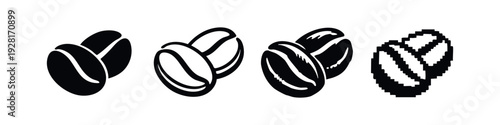 Set of Coffee Bean Icons in Solid, Outlined, Textured, and Pixelated Graphics