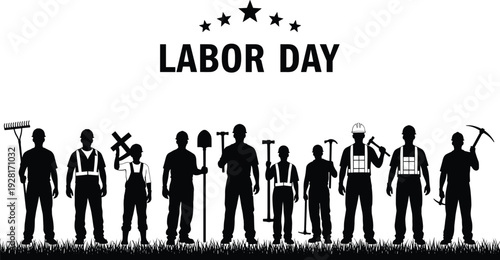 Labor Day Banner with Diverse Workers Silhouettes Holding Tools, Black Vector Illustration Celebrating Workforce, Construction, Industry and American Holiday Tribute Design