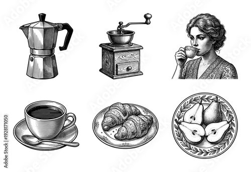 Vintage woodcut style breakfast collection featuring moka pot coffee grinder lady drinking espresso croissants and pears