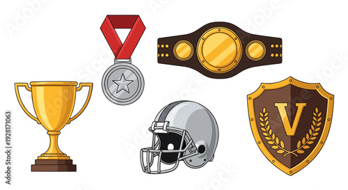 Gold silver and bronze medals on white background with metallic icons and symbols