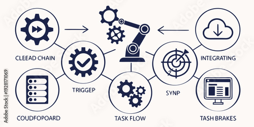 Illustration of interconnected gears, symbols, and icons representing various concepts Vector