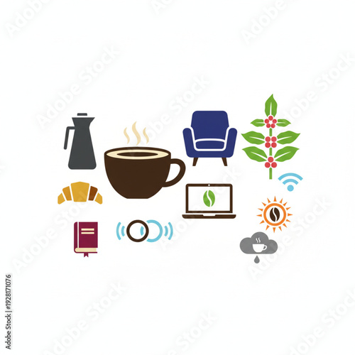 Diverse set of flat design icons depicting everyday moments enjoying coffee, productive work, relaxation, reading, and staying connected in a digital world